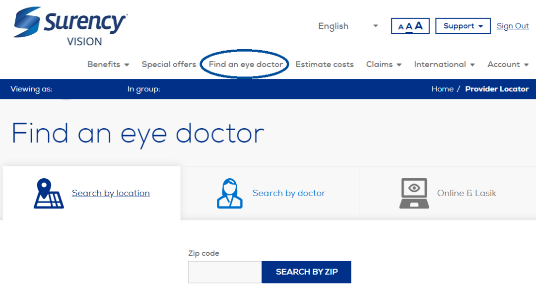 Find an eye doctor tab on the webpage 